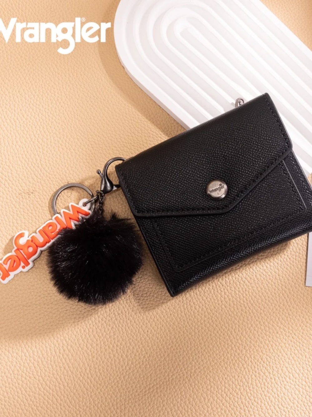 Wrangler Tri-Fold Wallet with Keyring Pom Pom Black